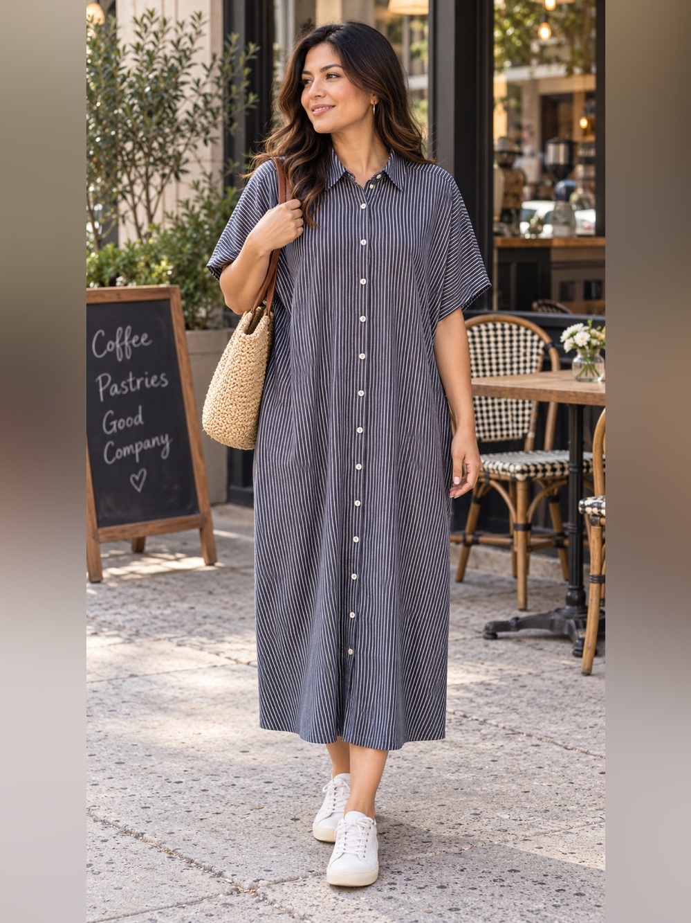 Chenault Striped Cotton Button-Front Shirt Dress Size L